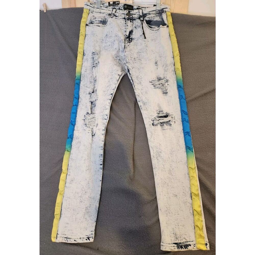 NEW $65 Waimea Jeans Skinny Fit 34 x 32‎ Acid Wash Blue Side Stripe Distressed